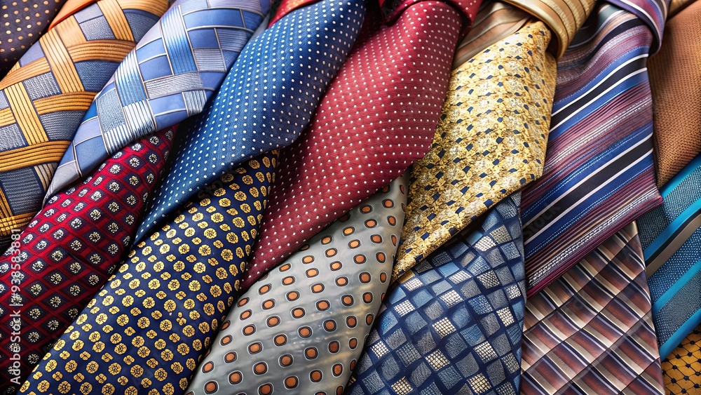 Close-up shot of symmetrical arrangement of silk ties , fashion, accessory, neckwear, pattern, business, formal, elegant Close-up shot of symmetrical arrangement of silk ties , fashion, accessory, neckwear, pattern, business, formal, elegant