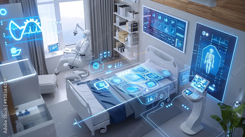 modern hospital room with advanced technology future of healthcare. The room features digital screens medical devices virtual assistant for providing patients personalized care diagnostics.