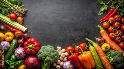 Fresh vegetables displayed on a black chalkboard background, fresh, vegetables, black chalkboard, organic, market, produce