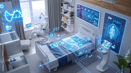 Obraz na płótnie modern hospital room with advanced technology future of healthcare. The room features digital screens medical devices virtual assistant for providing patients personalized care diagnostics. w salonie