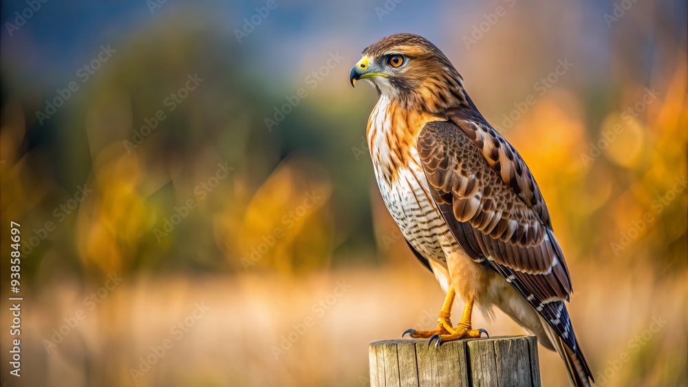Red tailed hawk perched on fence pole with blurred background, hawk, bird, wildlife, animal, predator, raptor Red tailed hawk perched on fence pole with blurred background, hawk, bird, wildlife, animal, predator, raptor