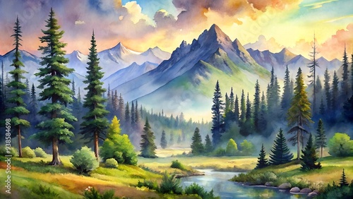 Wallpaper Mural watercolor landscape of forest and mountains. wild nature background Torontodigital.ca