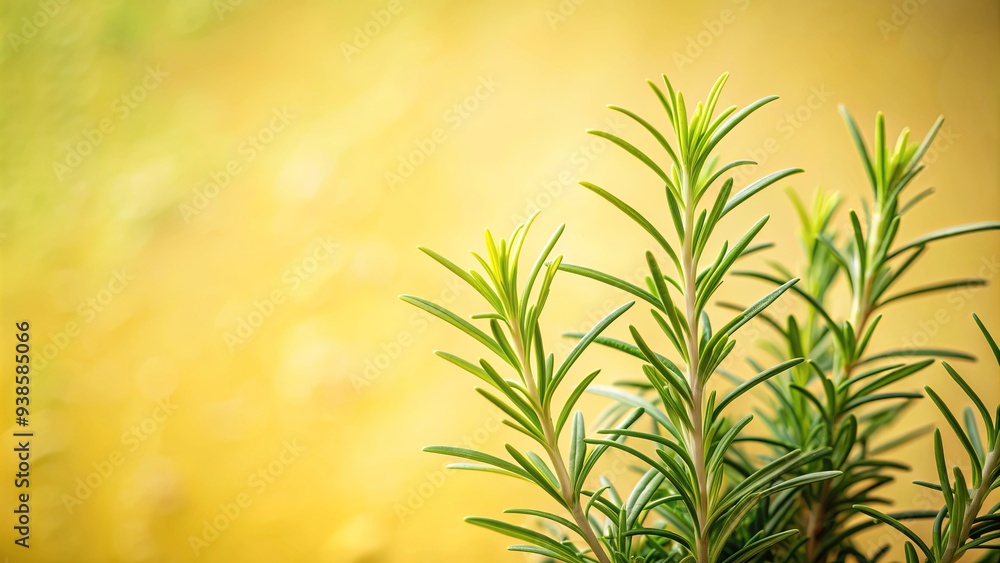 Naklejka premium Soft focus rosemary plant on light yellow background , herbs, greenery, organic, botanical, fresh, aromatic, cooking