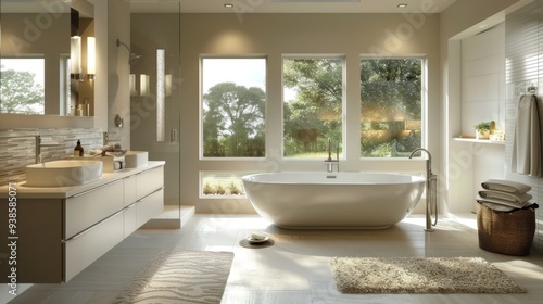 A bathroom with a large bathtub and a sink