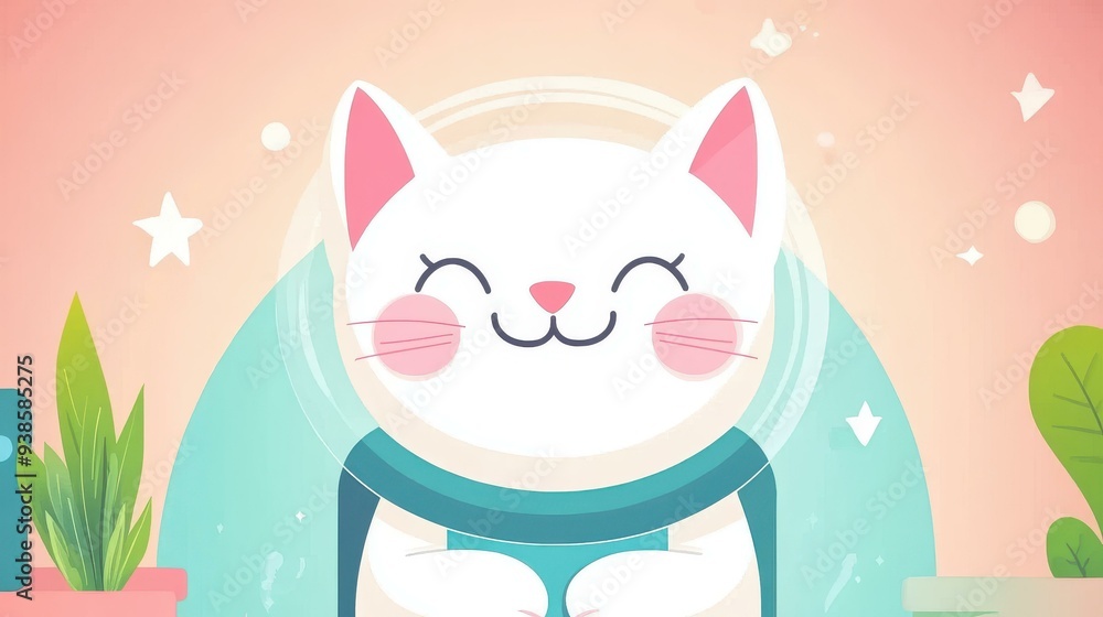 Fototapeta premium A whimsical astronaut cat floats among stars, showcasing a fun cartoon style with modern flat textures.