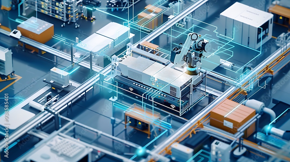 Automated factory production line with robotic arms conveyor belts and interconnected machines for advanced manufacturing technology efficiency and smart production processes concept. Automated factory production line with robotic arms conveyor belts and interconnected machines for advanced manufacturing technology efficiency and smart production processes concept.