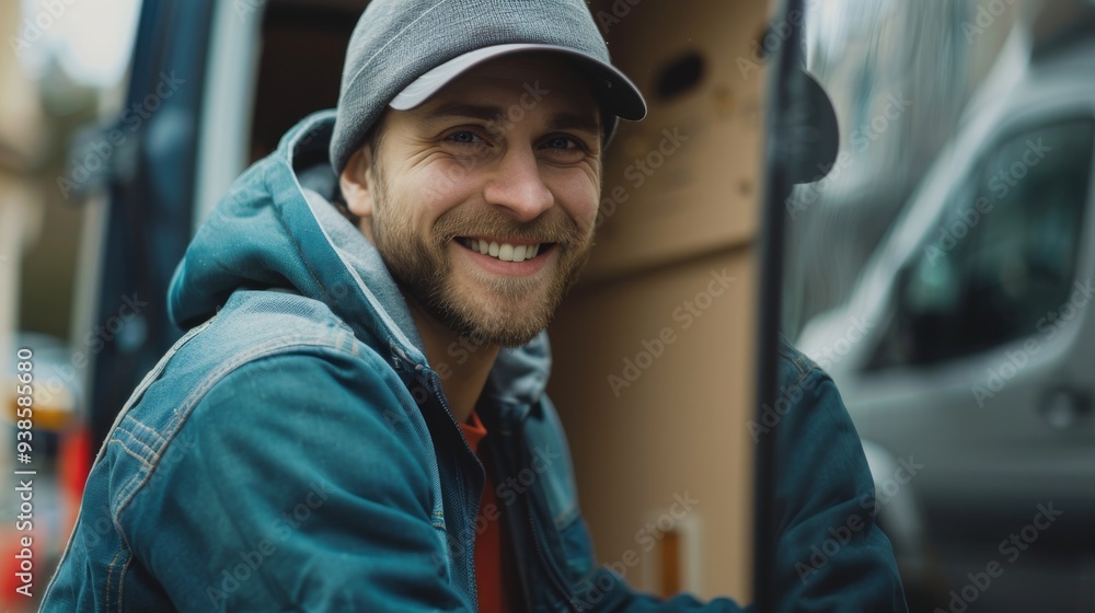 A smiling man in a blue jacket is sitting in a van A smiling man in a blue jacket is sitting in a van