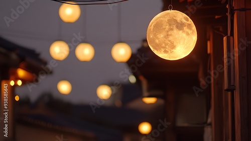 Glowing Lunar Lanterns Hanging Outside Homes During the Traditional Korean Autumn Harvest Festival of Chuseok Creating a Warm and Celebratory Atmosphere photo