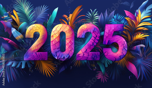 Balloons 2025 surrounded by tropical foliage on a bright blue background - New Year's Eve meeting in a festive atmosphere 