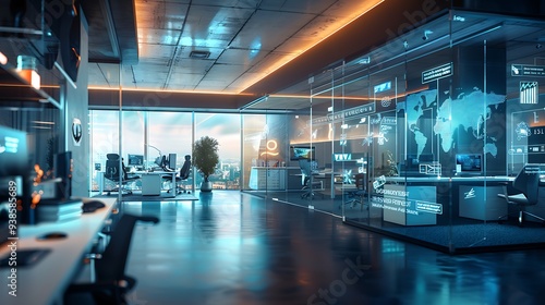 Futuristic office interior with smart technology. Glass walls, modern furniture, and digital displays create a stylish and innovative workspace.