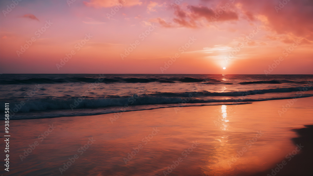 A serene sunset over a calm ocean with soft pink and orange hues A serene sunset over a calm ocean with soft pink and orange hues