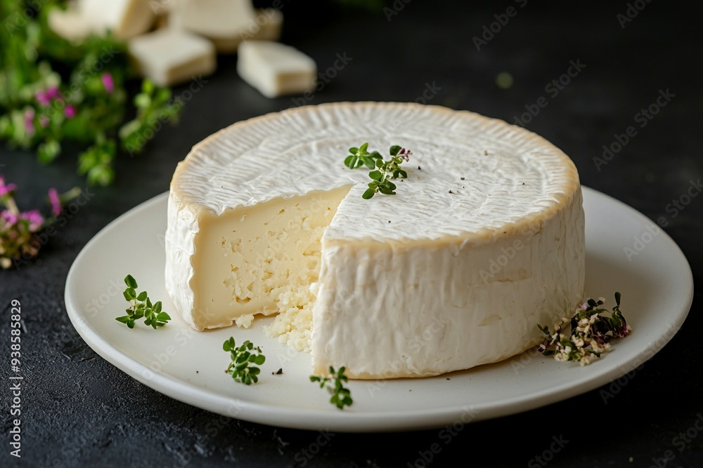 round ripe cheese with mold, melted cheese with white plate on table. black background. Generative ai round ripe cheese with mold, melted cheese with white plate on table. black background. Generative ai