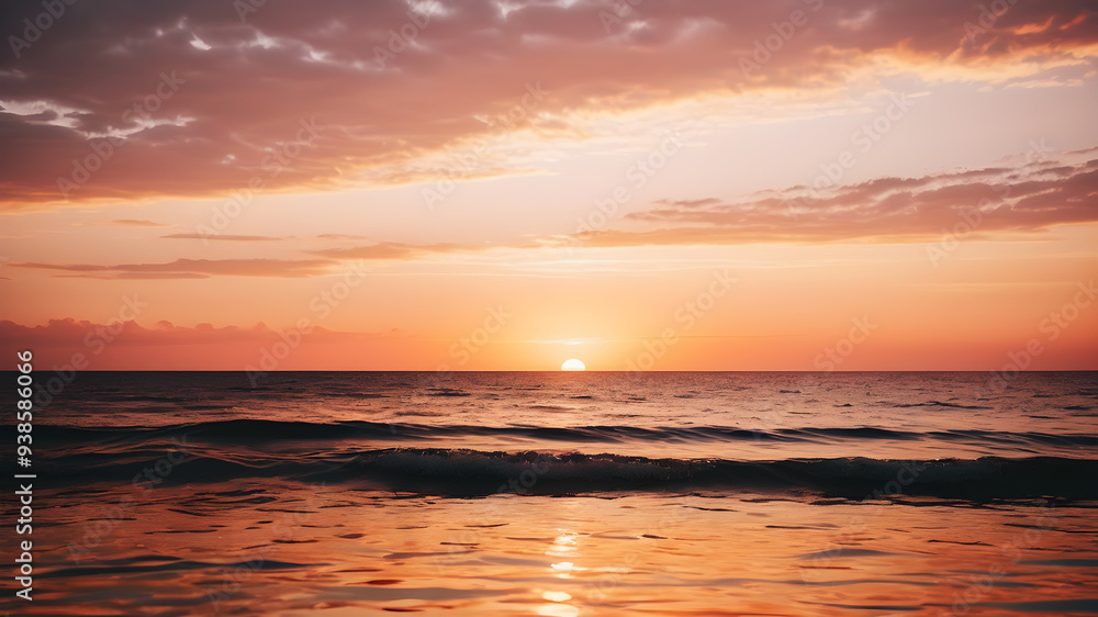 Obraz premium A serene sunset over a calm ocean with soft pink and orange hues