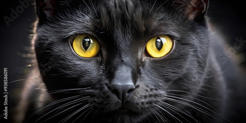 Close-up macro shot of a black cat with captivating yellow eyes , macro, intense, feline, animal, pet, eyes, mysterious photo