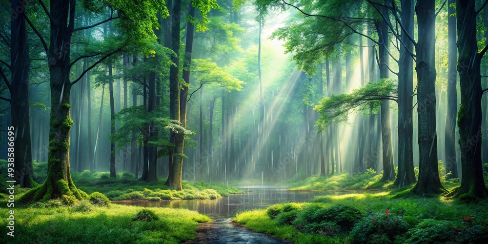 Naklejka premium Mystical atmosphere in a deep forest after rain, lush, green, trees, nature, wet, foliage, tranquil, peaceful, misty, damp