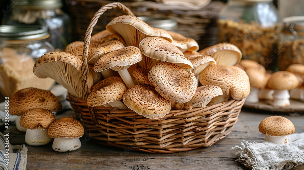Fresh shiitake mushrooms in wicker basket on rustic table. Fresh shiitake mushrooms in wicker basket on rustic table.