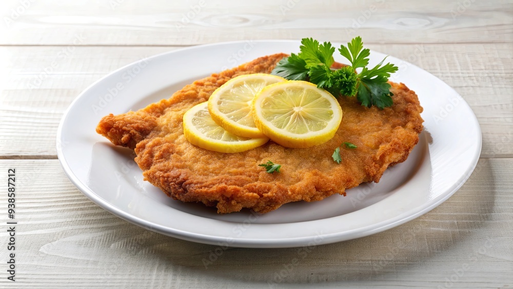 Traditional Wiener Schnitzel with a slice of lemon on a white plate, Wiener Schnitzel, lemon, traditional, Austrian cuisine, breaded Traditional Wiener Schnitzel with a slice of lemon on a white plate, Wiener Schnitzel, lemon, traditional, Austrian cuisine, breaded