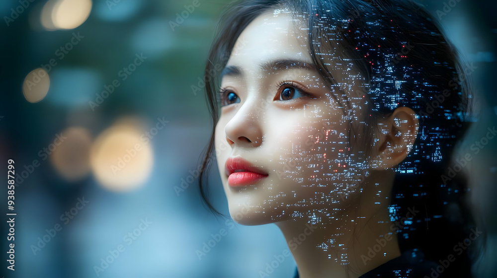Woman with digital overlay looking up, illuminated with soft light. Woman with digital overlay looking up, illuminated with soft light.