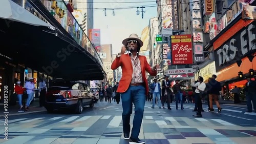 Stylish man dancing on a city street in 1970s