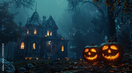 Halloween background with pumpkins and haunted house in spooky forest.