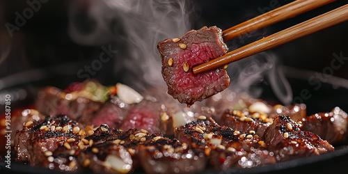 A close up of juicy beef jerky being held by chopsticks, generative AI
