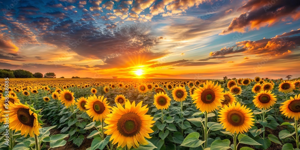 Fototapeta premium Sunset over a field of vibrant sunflowers , sunset, sunflowers, nature, landscape, evening, colorful, blooming, yellow, rural