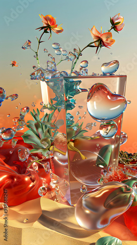 Dreamy Crystal Pastel Floral Medley with Bubbles and Sparkling Portrait Background. HD High Quality Colorful Vibrant Flower Wallpaper for iPhone Mobile. 8K Aquatic High-Definition Image of Flowers