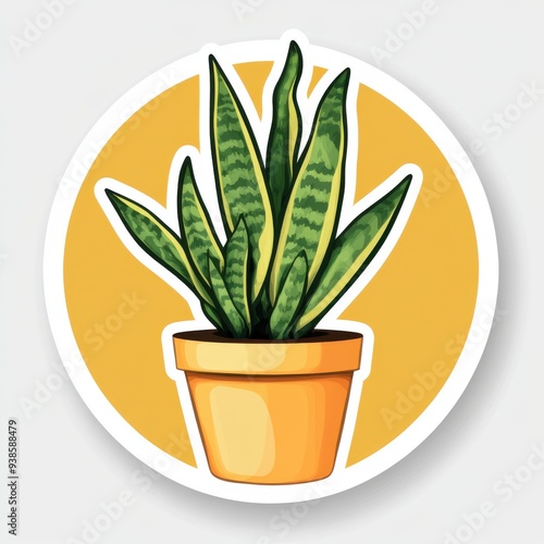 Sticker of a snake plant in circle shape, flat vector illustration, on white background, digital sticker, clipart, icon 