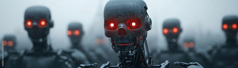 Fototapeta premium Zombie robots emerging from a misty scrapyard, spooky scene, 3D illustration