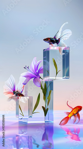 Dreamy Crystal Pastel Floral Medley with Bubbles and Sparkling Portrait Background. HD High Quality Colorful Vibrant Flower Wallpaper for iPhone Mobile. 8K Aquatic High-Definition Image of Flowers