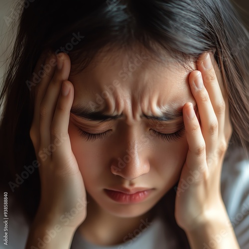 Person holding their head in intermittent headache pain, closeup, fluctuating discomfort