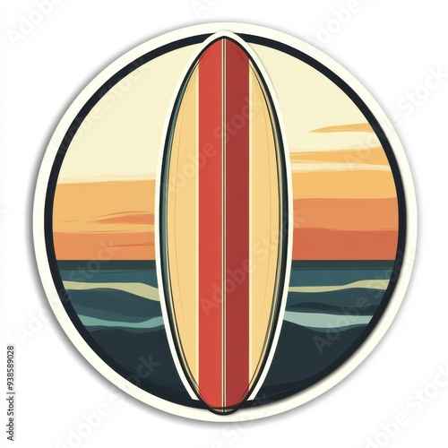 Sticker of a surfboard in circle shape, flat vector illustration, on white background, digital sticker, clipart, icon 