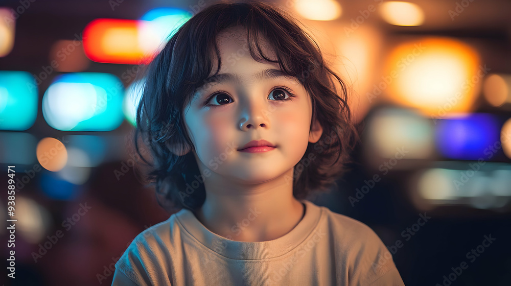 Young girl with brown hair and brown eyes looking up, blurred background.