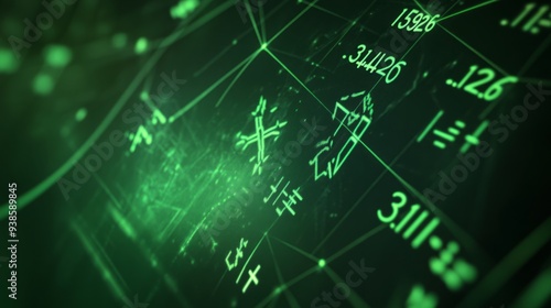 Illuminated Equations: A Stylish Dark Mathematical Background with Green Glowing Numbers and Symbols in Close-Up.