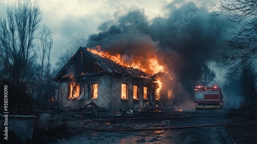 Tragic Blaze: A House Engulfed in Flames with a Fire Truck Nearby, Captured in High-Resolution 8K Photography.