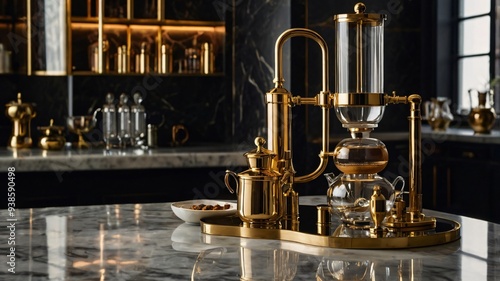  high-end coffee siphon setup, elegantly arranged on a polished marble countertop, exudes opulence and sophistication.  photo