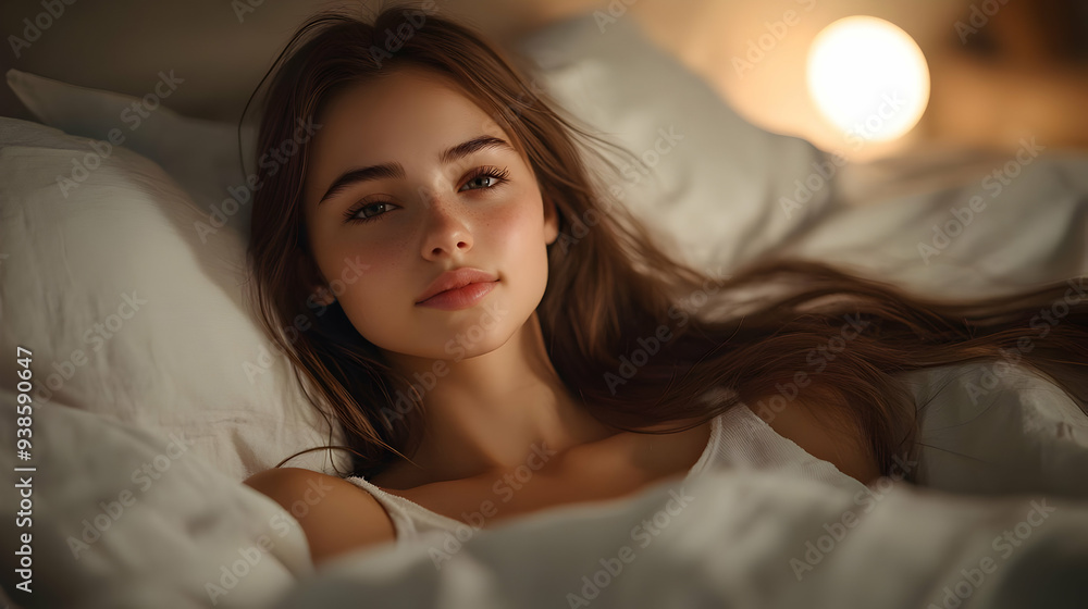 Young woman laying in bed, looking at camera. Young woman laying in bed, looking at camera.