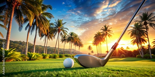 Close-Up of a golf club hitting a golf ball on a tropical golf course with palm trees, golf club, golf ball, impact photo