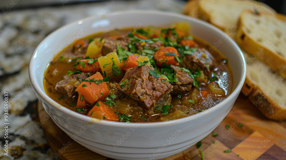 A rich and flavorful beef stew, filled with a variety of colorful vegetables and herbs. A rich and flavorful beef stew, filled with a variety of colorful vegetables and herbs.