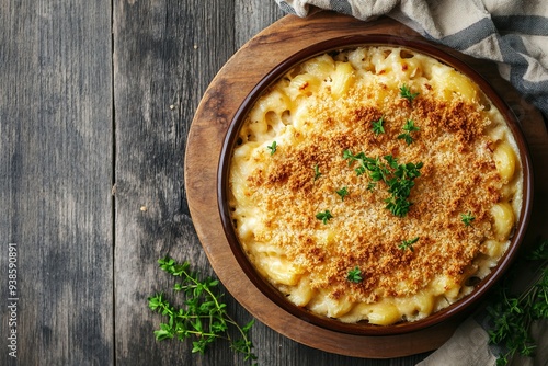 Traditional southern Mac and cheese with breadcrumbs on wooden background, top view. Homemade cheesy and creamy pasta casserole with meat. Generative ai