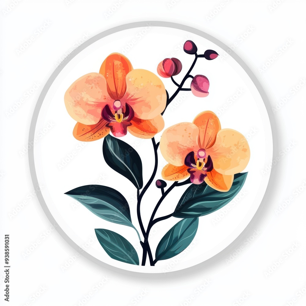 Fototapeta premium Sticker of an orchid in circle shape, flat vector illustration, on white background, digital sticker, clipart, icon