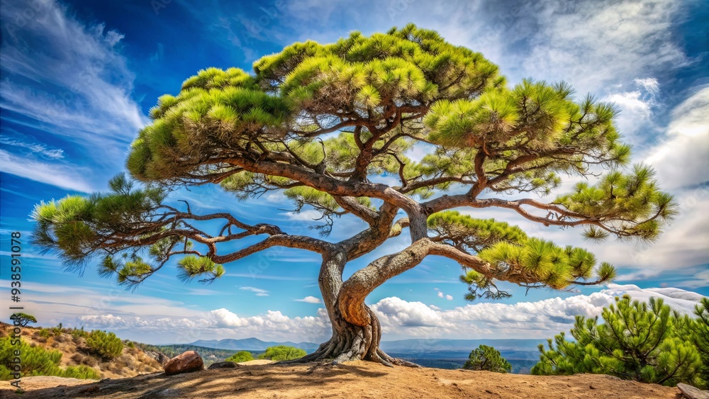 Very rare Torrey pine with twisted trunk and slender needles on background, Torrey pine, coastal pine, tree Very rare Torrey pine with twisted trunk and slender needles on background, Torrey pine, coastal pine, tree