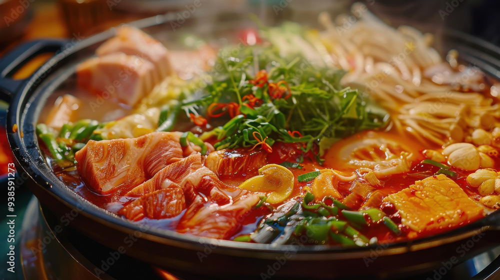 A rich and savory hot pot, filled with an array of colorful vegetables and meats. A rich and savory hot pot, filled with an array of colorful vegetables and meats.