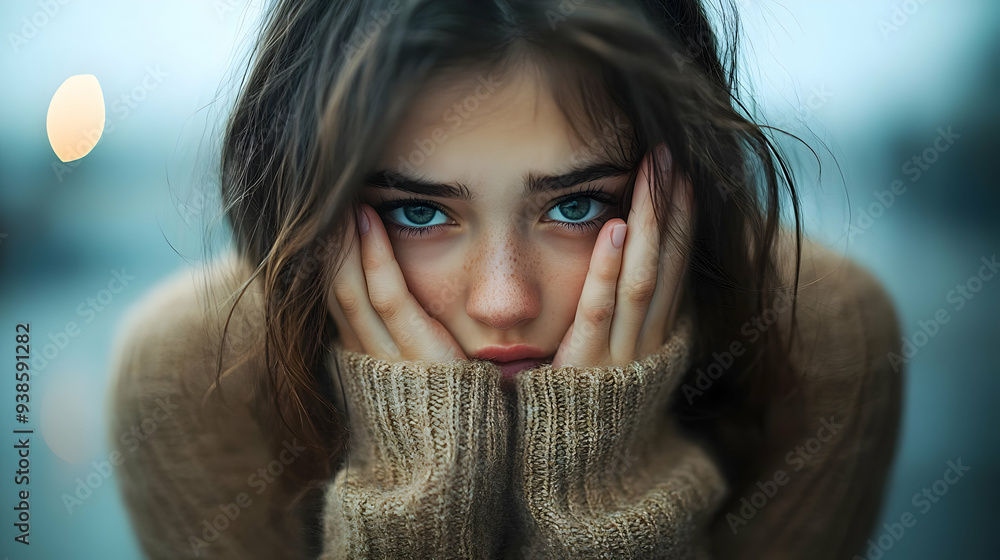 Young woman with freckles and brown hair in a brown sweater looks thoughtfully into the camera. Young woman with freckles and brown hair in a brown sweater looks thoughtfully into the camera.