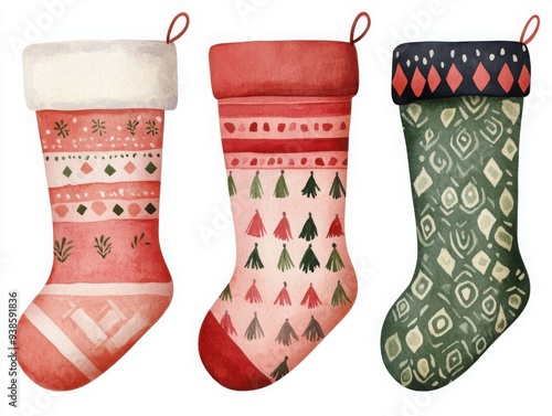 Christmas stocking clipart, boho design with tassels and geometric patterns, watercolor illustration, pastel colors, isolated on white background