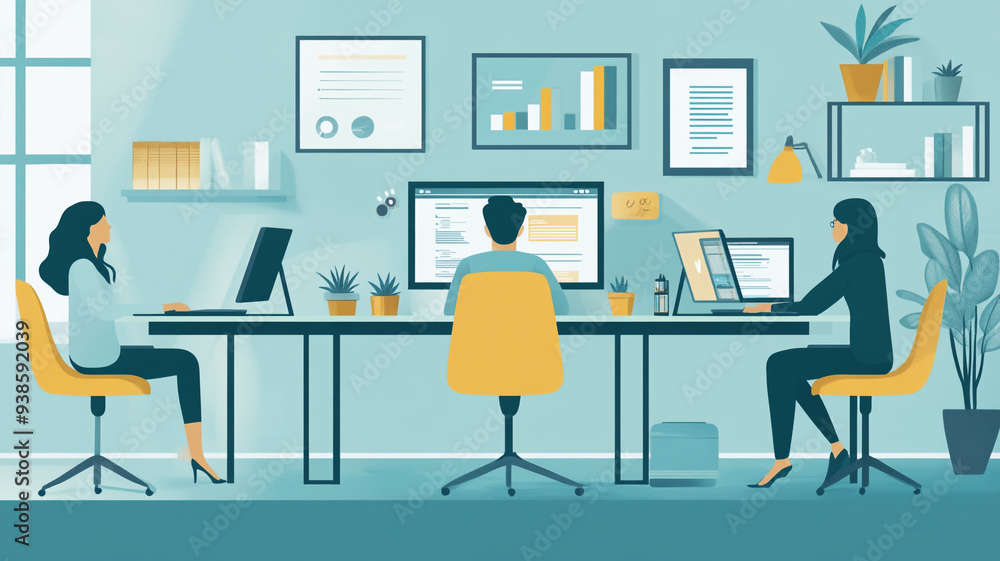 Three professionals collaborating in a bright, modern office filled with plants and data visuals during a productive work session Three professionals collaborating in a bright, modern office filled with plants and data visuals during a productive work session