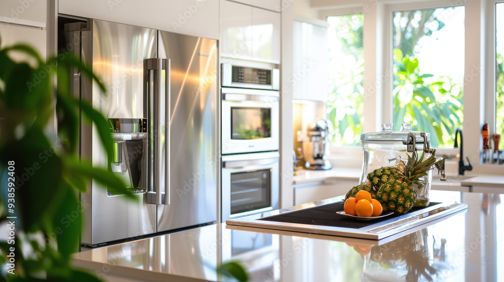A sparkling clean kitchen with neatly arranged appliances and a minimalist design. A sparkling clean kitchen with neatly arranged appliances and a minimalist design.
