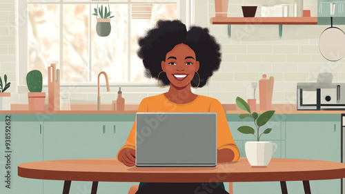 A joyful woman works on her laptop in a sunny kitchen filled with plants and modern decor during a cozy afternoon at home