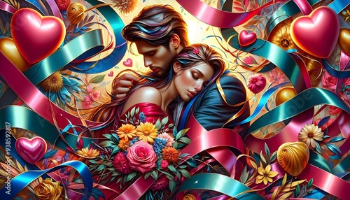 Cintas del Amor Eterno"Palabras clave: amor, romance, pareja, cinta, corazón, rosas, flores, colores, pasión, abrazo, belleza, lazo, eternidad, fantasía, arte digital, decoración, boda, novios, beso