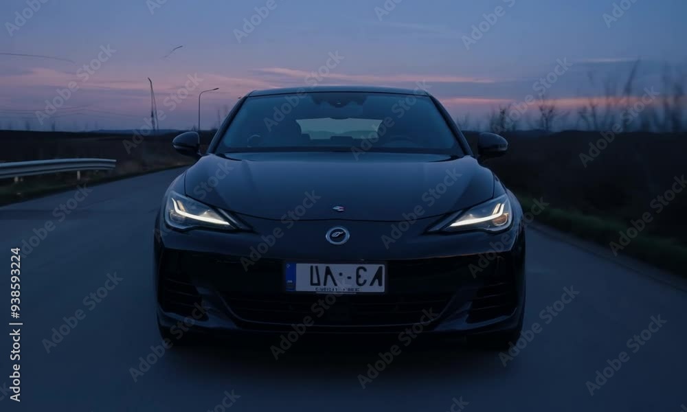 Black Coupe at Twilight: A sleek, black coupe stands poised on an empty road, bathed in the soft hues of twilight. The car's headlights pierce the fading light, hinting at its power and potential. Th Black Coupe at Twilight: A sleek, black coupe stands poised on an empty road, bathed in the soft hues of twilight. The car's headlights pierce the fading light, hinting at its power and potential. Th